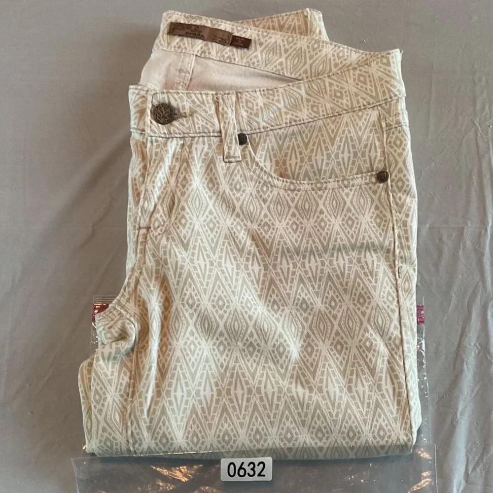 Prana Womens Beige Geometric Patterned Denim Pants Sz 2 waist 26 Cotton Blend